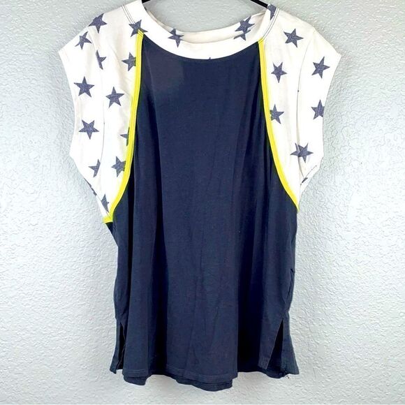 Ces Femme Womens Stretch Stars Print Sleeve Round Neck Pullover Top Navy Size L - Picture 1 of 6